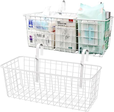 2 Pack Bedside Hanging Wire Basket for Storage Bedside Caddy Hanging Organizer Bunk Bed Shelf Holder Pocket for College Dorm Room Baby Bed Rails (White/Large) in Saudi Arabia