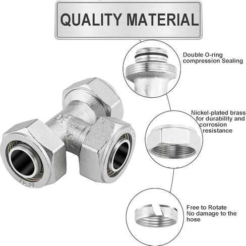 2 PACK 3/4" Tee Air Piping Fittings, 3/4" Tubing x 3/4" Tubing x 3/4" Tubing, Brass-Nickel Plated, Air Line Fittings for Shop Garage Compressed Air Tube System in Saudi Arabia
