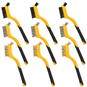 Wire Brush Set 9Pss, Stainless Steel/Nylon/Brass/ Bristles with Curved Handle Grip, Wire Brushes for Cleaning, for Rust, Dirt and Paint Cleaning