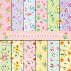 Scrapbook Paper 11.8x11.8 Inch Spring Flowers Pattern Paper Double-Sided Craft Paper Decorative Paper Folded Flat for Art Craft DIY Card Making, Scrapbooking Supplies 24 Pack