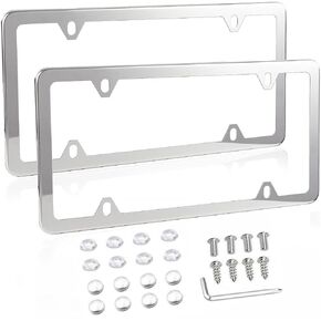 Fashion 4 Holes Slim Polish Mirror License Plate Frames,Stainless Steel License Plate Cover,Weather Proof License Plate Holder(4 Holes Super Slim Silver,2PCS)