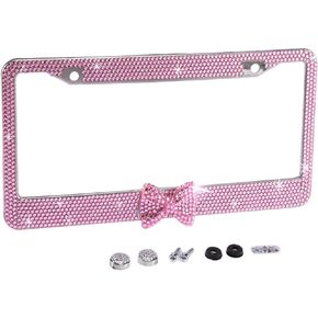 Fashion USA Universal Pink Frame W/Pink Bowtie Crystal License Plate Frames,Eclusive Bling License Plate Holder,Weather Proof Rhinestone License Plate Cover for Women(1 Frame)
