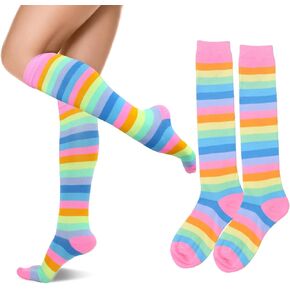 Rainbow Knee High Socks for Women Teen Girls Pride Socks Kawaii Clown Socks Colorful Knit Rainbow Stockings Tube Socks Pink Long Socks 1 Pack