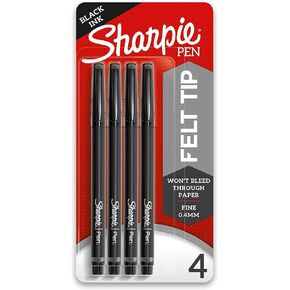 Sharpie Felt Tip Pens, Fine Point (0.4Mm) Felt Tip Markers, Journaling Pens, Art Markers, Drawing Markers, Black, 4 Count