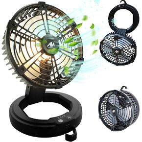 Portable Camping Fan, HIKERBRO Collapsible Tent Fan with LED Lights & Hanging Hook, 7inch Rechargeable Battery Powered Camp Fans, 3 Speed & Light Modes, Outdoor Tent Fans for Camping Fishing Hiking