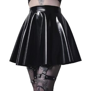 SEMATOMALA Women's PVC PU Leather Short Skater Skirt Black Latex Wet Look Shiny Pleated Flared A Line Mini Skirt Clubwear