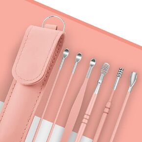 6Pcs/Set Pink Ear Pick Spoon, Stainless Steel Earpick Spiral Massage Scoops with Leather Case, Portable Care Ear Cleaning Tool for Adult, Earwax Removal