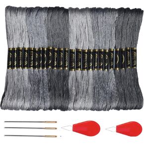 Premium Grey Embroidery Floss - Cross Stitch Threads - Friendship Bracelets Floss - Crafts Floss- Hand Embroidery Thread 24 Skeins Per Pack and Free Set of 3Embroidery Needles and 2 Needle Threader