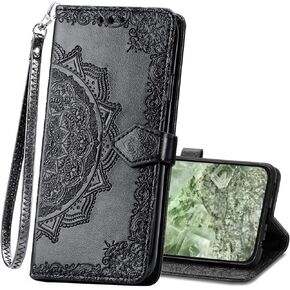 Wallet Case for Google Pixel 8A,Flip Case PU Leather Emboss Mandala Flowers Wrist Strap Folio Card Slots Magnetic Kickstand Protective Phone Cover for Google Pixel 8A Purple