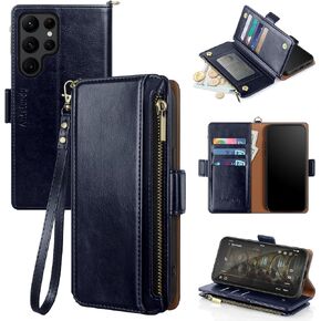 Antsturdy Samsung Galaxy S22 Ultra 5G Wallet with Card Holder for Women Men,Galaxy S22 Ultra 5G Phone case RFID Blocking PU Leather Flip Shockproof Cover with Strap Zipper Credit Card Slots,(Black)