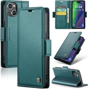 for iPhone 15 Plus Case, [RFID Blocking] PU Leather Wallet Flip Folio Case with Card Holder Kickstand Shockproof Phone Cover for iPhone 15 Plus (6.7 inch), Blue