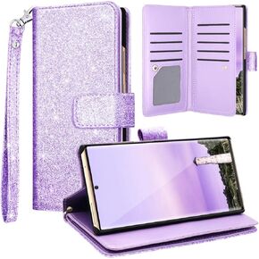 Fingic Samsung Note 20 Case, Galaxy Note 20 Wallet Case,Glitter Sparkle Cover 9 Card Holder PU Leather with Kickstand Wrist Strap Protective Case for Women for Samsung Galaxy Note 20 6.7"(2020),Purple