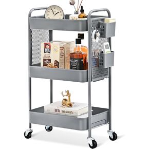 TOOLF 3 Tier Rolling Storage Organizer Cart, Metal Rolling Utility Cart with Wheels, Esthetician Craft Art Cart with Pegboard Bins Hooks, Carts for Baby Nursery Diaper Kitchen Bathroom, White