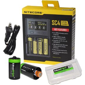 EdisonBright NITECORE SC4 Universal Smart 4 Slot Battery Charger Bundle BBX3 Battery Box and 2 X AA to D Type Battery Spacer/Converters
