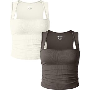 OQQ Womens 2 Piece Tank Tops Rueched Sleeveless Square Neck Ribbed Stretch Basic Shirts