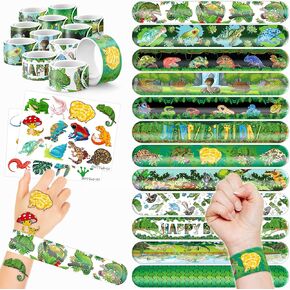 48PCS Reptile Party Favors 24PCS Tattoos 24PCS Slap Bracelets Wristbands Themed Birthdays Party Supplies Decorations Decor Alligator Lizard Gecko Snake Pattern Girls Boys Gifts School Classroom