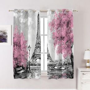 Pink Black Europe Oil Painting Kitchen Tier Curtains for Windows,Gray Modern Eiffel Tower Blackout Valances Multilayer Polyester Window Treatments for Kitchen 2 Pack 26X24 Inches