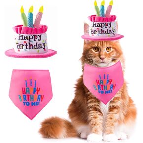 Cat Happy Birthday Hat with Colorful Candles, Pink Cat Birthday Cake Hat & Birthday Bandana Scarfs Set for Small Animals, Cat Birthday Party Decorations