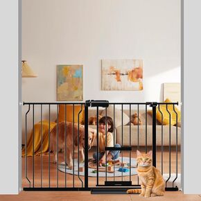 WAOWAO Baby Gate with Cat Door 62.2-71.65" Extra Wide Pressure Mount Metal Dog Gate, Walk Through Swing Auto Close Black Safety Child Gate with Pet Door for Kitten Stairs,Doorways,Kitchen,Hallway