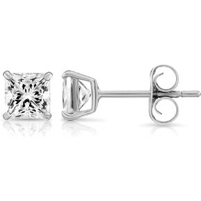 14k White Gold Princess Cut CZ Stud Earrings Real Gold Cubic Zirconia Studs with Solid Gold Backs Square