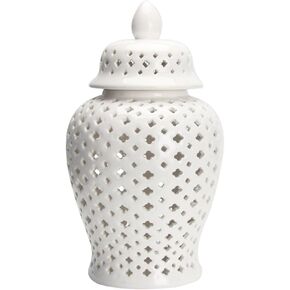 Luxshiny Lattice Ginger Jar 15 * 28CM Ceramic Decorative Jar with Lid Decorative Temple Jar with Intricate Mediterranean Inspired Lattice Work Flower Vase Stunning Home Decor White