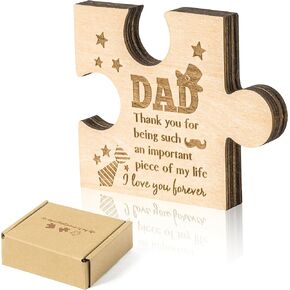 WATINC Puzzle Block Gift for Dad, Father's Day Birthday Gifts Ideas Puzzle Piece Sign Table Decoration, Father Bday Unique Presents Engraved Wooden Puzzle-Shaped Home Decor from Daughter Son