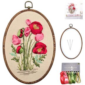 FONNUY Ribbon Embroidery 3D Flowers Pattern Design Kit Embroidery DIY Handwork Set Oval Home Decoration (Red Rose)