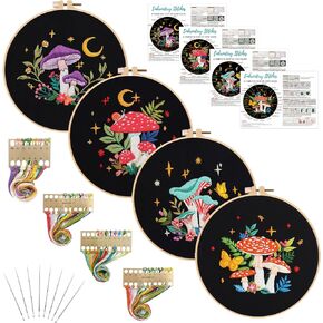 Nuberlic 4 Pack Mushroom Embroidery Kit for Beginners, Starters Cross Stitch Needlepoint Kits for Adults with Stamped Pattern (1 Embroidery Hoops, 4 Embroidery Cloth, Threads, Needles, Instructions)