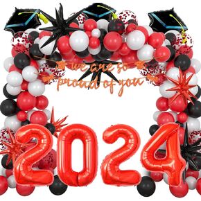 2024 حفلة التخرج الديكور 117 قطعة لوازم الحفلات أحمر أسود مع راية احباط ستار قبعة النثار اللاتكس طوق من البالونات فئة 2024 in Kuwait
