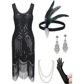 Flapper Dresses 1920s Gatsby Dress for Women Roaring 20s Costumes Fringed Sequin Cocktail Dress with 20s Accessories