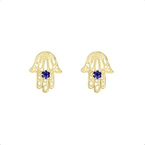 Lucchetta - 14 Karat Yellow Gold Hamsa Fatima Earrings Evil Eye with Natural Blue Sapphire | 14K Stud for Womens Girls | Authentic Fine Jewelry from Italy