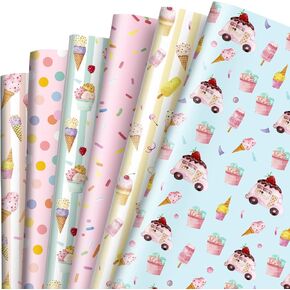 JarThenaAMCS 12 Sheets Ice Cream Wrapping Paper Colorful Summer Gift Wrap Paper Bulk Pastel Decorative Art Paper for Spring Summer DIY Crafts, 19.7 x 27.6 Inch, Folded Flat