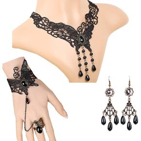 4PCS Choker Lace Necklace with Bracelet Set Punk Party Gothic Vintage Handmade Victorian Steampunk Retro Gears Lace Vampire Bracelet Wristband for Halloween Easter – S253+ Y190+E001