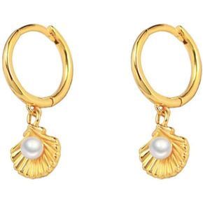 Cute Shell Pearl Huggie Small Hoop Earrings Dangle Drop for Women Girls 925 Sterling Silver 14K Gold Filled Boho Beach Simple Charm Hoops Delicate Hypoallergenic Summer Jewelry Gift