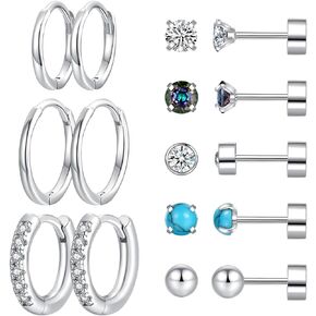 8 pairs Hypoallergenic Earrings Sets for Multiple Piercing |Surgical Steel Flat Back Small stud Earrings | Sterling Silver/Gold Small Huggie Hoop Earrings for Women Men Cartilage Earrings Hoop Stud