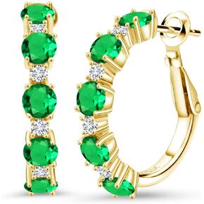 Gem Stone King 18K Yellow Gold Plated Silver Green Nano Emerald and White Lab Grown Diamond Hoop Earrings For Women (3.30 Cttw, Round 4MM and 1.9MM, Gemstone Birthstone 1 Inch Diameter)