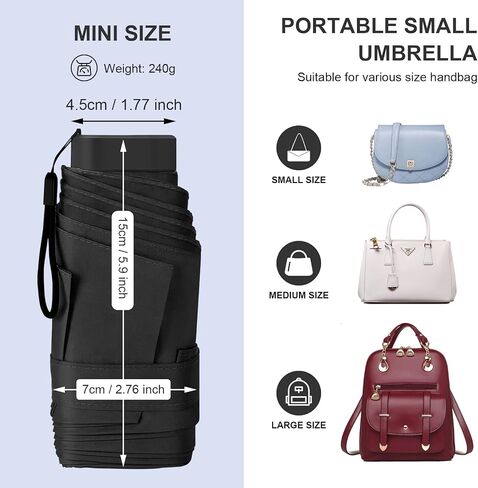 LEAGERA Compact Travel Umbrella with Case - Mini Umbrella for Purse, Small Lightweight &Tiny Design Perfect for Parasol Outdoor Sun&Rain Umbrellas, Black in Kuwait