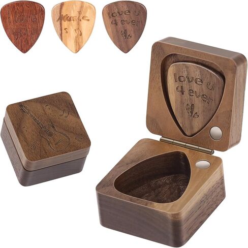 Keneke Wooden Guitar Pick Box with Lid,3PCS Unique Guitar Picks,Guitar Pick Holder Box,Musician Engraved Wooden Plectrum Case,Acoustic Guitar Box for Electric Bass Guitar Ukulele Lover in Saudi Arabia
