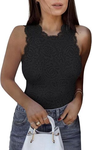 REORIA Women's Sexy Sleeveless Racer Back Halter Neck Lace Y2K Trendy Bodysuit Tank Tops in Saudi Arabia