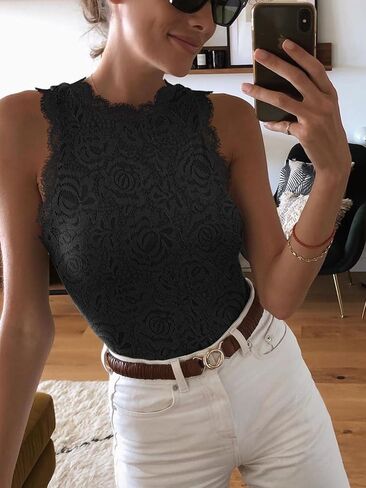 REORIA Women's Sexy Sleeveless Racer Back Halter Neck Lace Y2K Trendy Bodysuit Tank Tops in Saudi Arabia