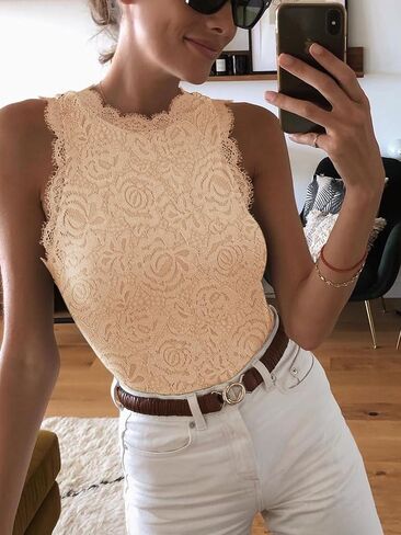 REORIA Women's Sexy Sleeveless Racer Back Halter Neck Lace Y2K Trendy Bodysuit Tank Tops in Saudi Arabia
