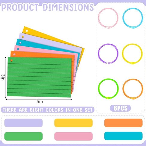 300 Pcs Index Cards 3x5 Ruled Flash Cards with Colorful Binder Rings Colored Studying Note Cards for School Office Supplies in Kuwait