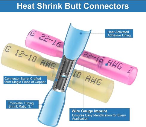 250PCS Heat Shrink Wire Connectors,Electrical Terminals Kit,Waterproof,Automotive Marine Electrical Terminals Kit,Ring Fork Hook Spade Butt Splices,Tinned Red Copper,12-10,16-14,22-16 (250PCS) in Saudi Arabia
