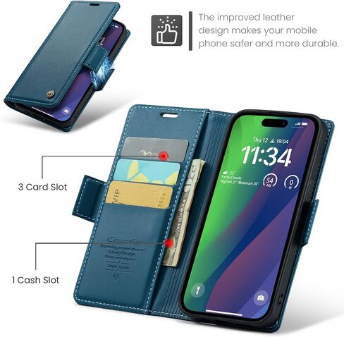 حافظة لهاتف آيفون 15 بلس، [مزودة بتقنية RFID] حافظة قابلة للطي من جلد البولي يوريثان مع حامل بطاقات وغطاء هاتف مقاوم للصدمات لهاتف آيفون 15 بلس (6.7 بوصة)، أزرق in Kuwait
