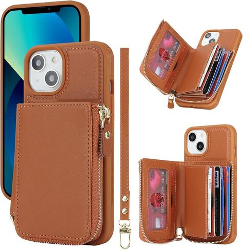 for iPhone 14 / iPhone13 Case with Card Holder for Women, for iPhone 13 14 Phone Case Wallet with Strap, Zipper Case Cover with Coin Pocket Lanyard Compatible with iPhone 14 13 - Beige in Kuwait