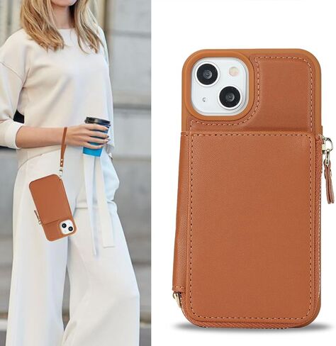 for iPhone 14 / iPhone13 Case with Card Holder for Women, for iPhone 13 14 Phone Case Wallet with Strap, Zipper Case Cover with Coin Pocket Lanyard Compatible with iPhone 14 13 - Beige in Kuwait