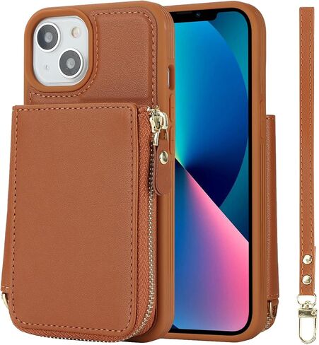 for iPhone 14 / iPhone13 Case with Card Holder for Women, for iPhone 13 14 Phone Case Wallet with Strap, Zipper Case Cover with Coin Pocket Lanyard Compatible with iPhone 14 13 - Beige in Kuwait