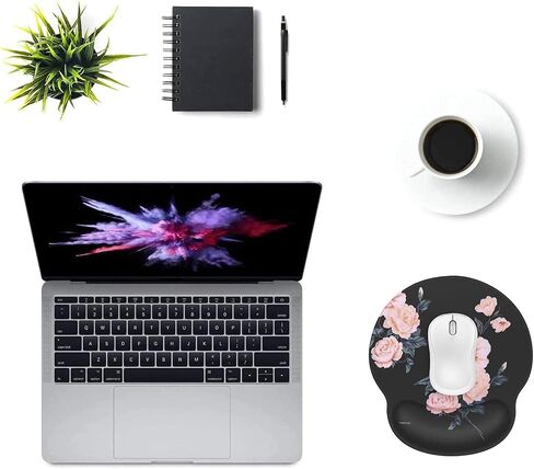 MOSISO Mouse Pad Gel Wrist Rest Support, Camellia Ergonomic Mousepad Non-Slip Base Home/Office Pain Relief & Easy Typing Cushion for Laptop with Neoprene Cloth & Raised Memory Foam, Black in Saudi Arabia