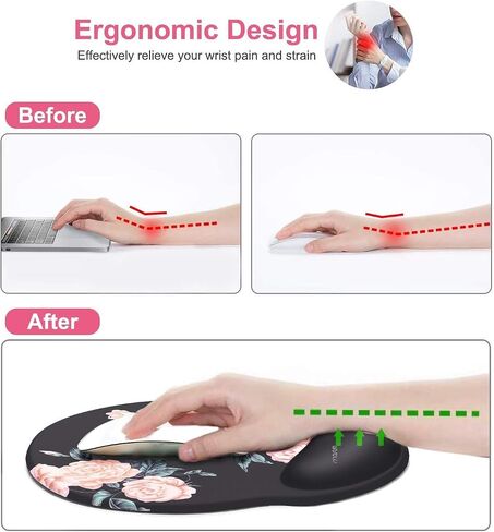MOSISO Mouse Pad Gel Wrist Rest Support, Camellia Ergonomic Mousepad Non-Slip Base Home/Office Pain Relief & Easy Typing Cushion for Laptop with Neoprene Cloth & Raised Memory Foam, Black in Saudi Arabia