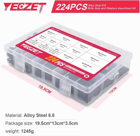 YEEZET 224PCS M6 M8 M10 Heavy Duty Bolts and Nuts Assortment Kit Includes 8 Most Common Sizes Alloy Steel Grade 8.8 in Saudi Arabia